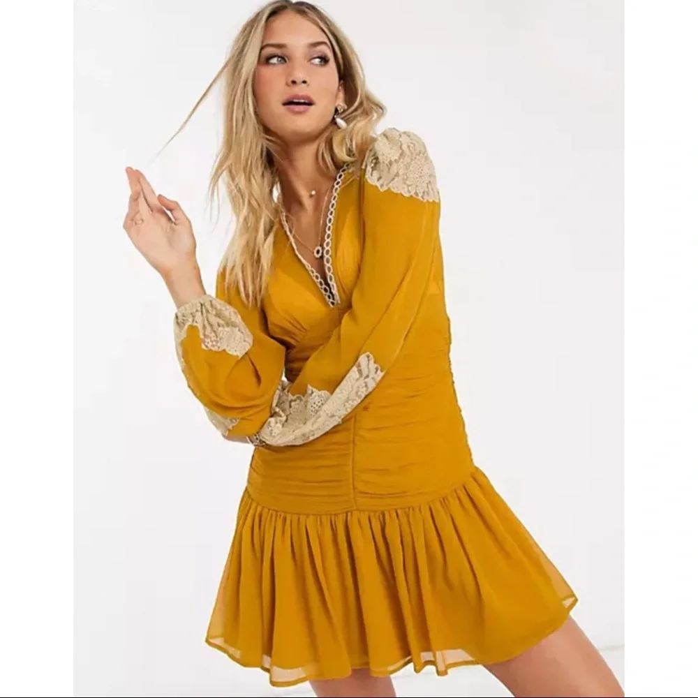 ASOS Mustard Yellow Saffron Chiffon Boho Lace Crochet Ruched Mini Dress - Picture 3 of 13